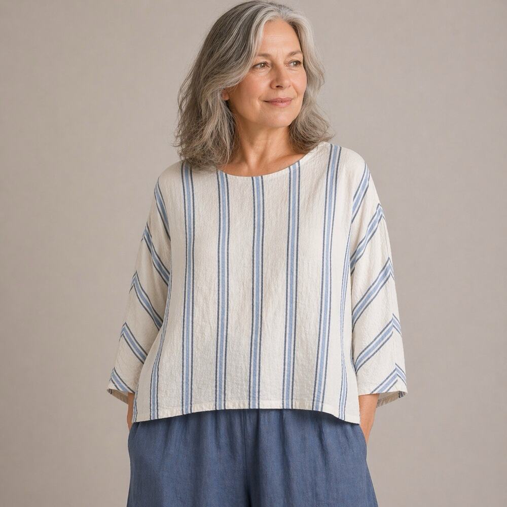 Habitat Top XS White Blue Stripe Lightweight Crinkle Crepe 3/4 Dolman Boxy